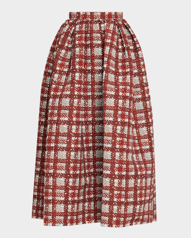 Textured Plaid-Print Pleated Midi Circle Skirt